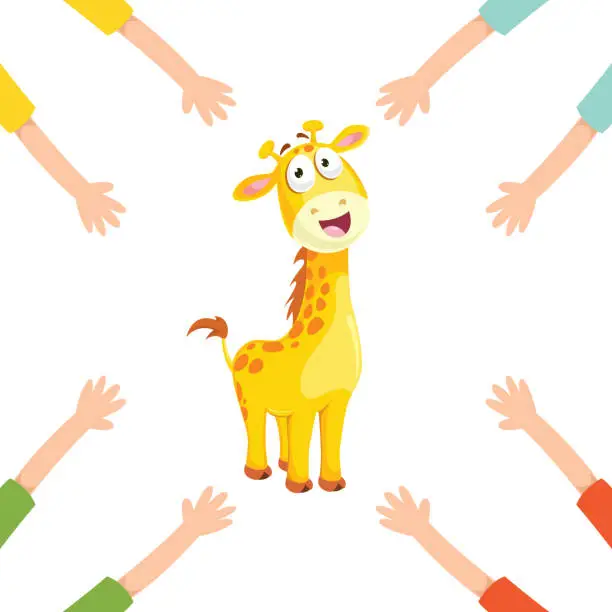 Vector illustration of Vector Illustration Of Cartoon Hands With Giraffe