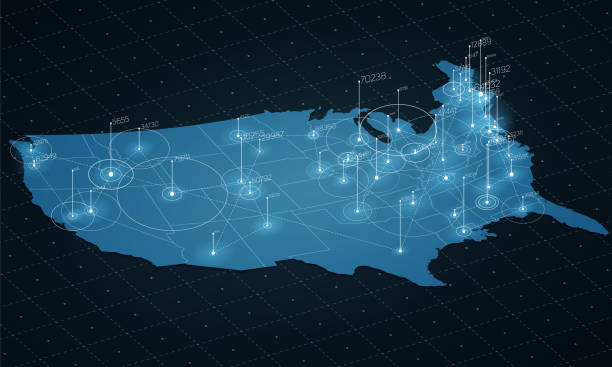 usa karte big data-visualisierung. futuristische karte infografik. informationsästhetik. visuelle datenkomplexität. komplexe usa grafische visualisierung von daten. abstrakte daten auf karte graphik. - nordamerika stock-grafiken, -clipart, -cartoons und -symbole