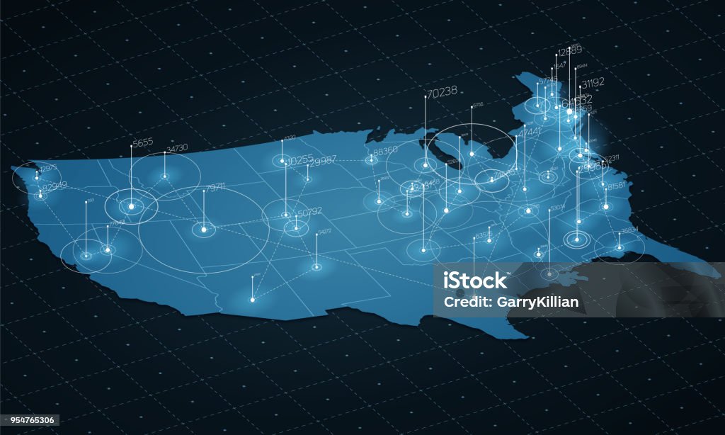 USA map big data visualization. Futuristic map infographic. Information aesthetics. Visual data complexity. Complex USA data graphic visualization. Abstract data on map graph. Map stock vector