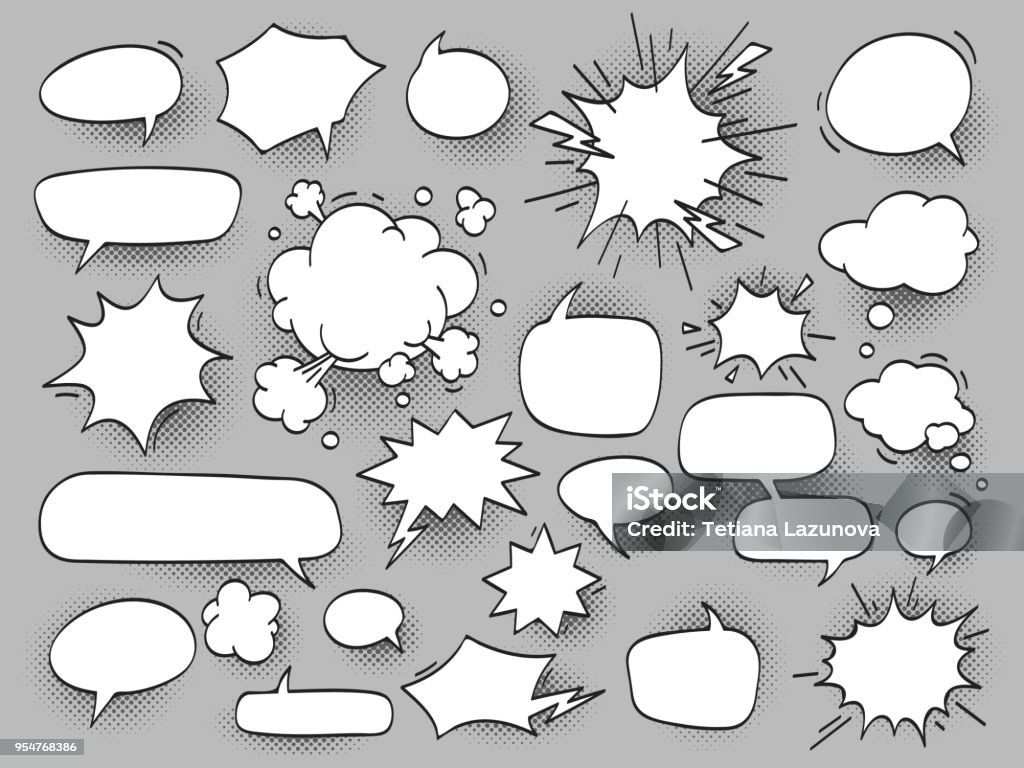 karikatyr oval diskutera pratbubblor och bang bam moln med hal - Royaltyfri Serietidning vektorgrafik