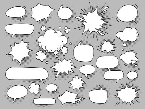 cartoon oval discuss speech bubbles and bang bam clouds with halftone shadow. Outline blank white chat cloud, balloons for comics vector illustration set isolated
