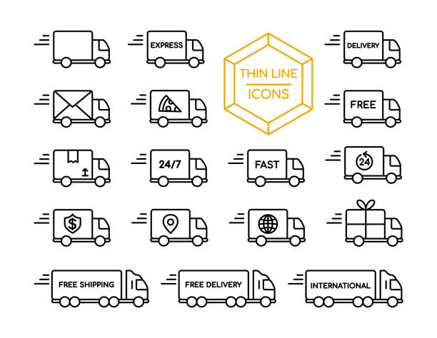 ilustrações, clipart, desenhos animados e ícones de ícone de linha fina do serviço transporte entrega caminhão conjunto - business speed horizontal commercial land vehicle