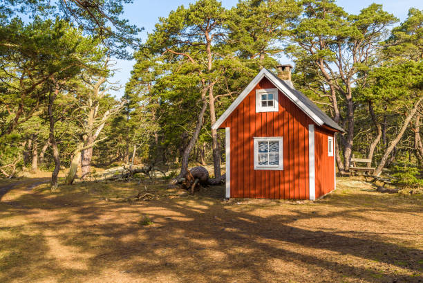 赤い森のキャビン - red cottage small house ストックフォトと画像