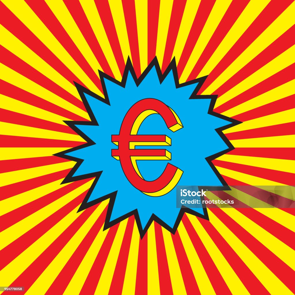 Euro icon in the pop art explosion Euro icon in the pop art explosion (burst background). Abstract red and yellow rays. Money prize symbol. Vector illustration. Art stock vector