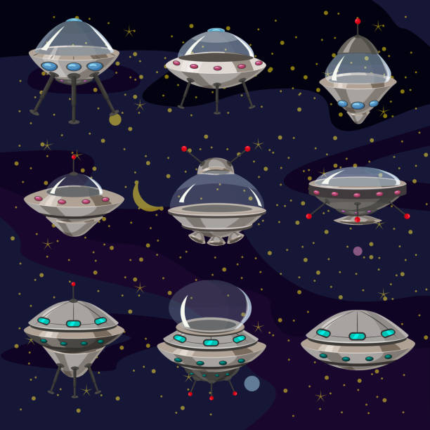 istock Set flying Saucer, Spaceship UFO Illustration cartoon funny, unidentified spaceship and spacecrafts on space background, various futuristic shapes, vector, cartoon style, isolated 954796254