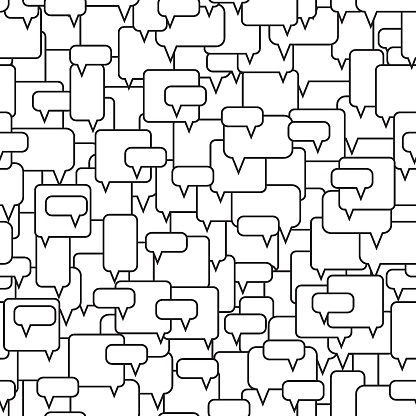 Speech bubbles seamless pattern. Message boxes. Diversity of opinions in the crowd. Symbolic discussion. Black and white vector illustration