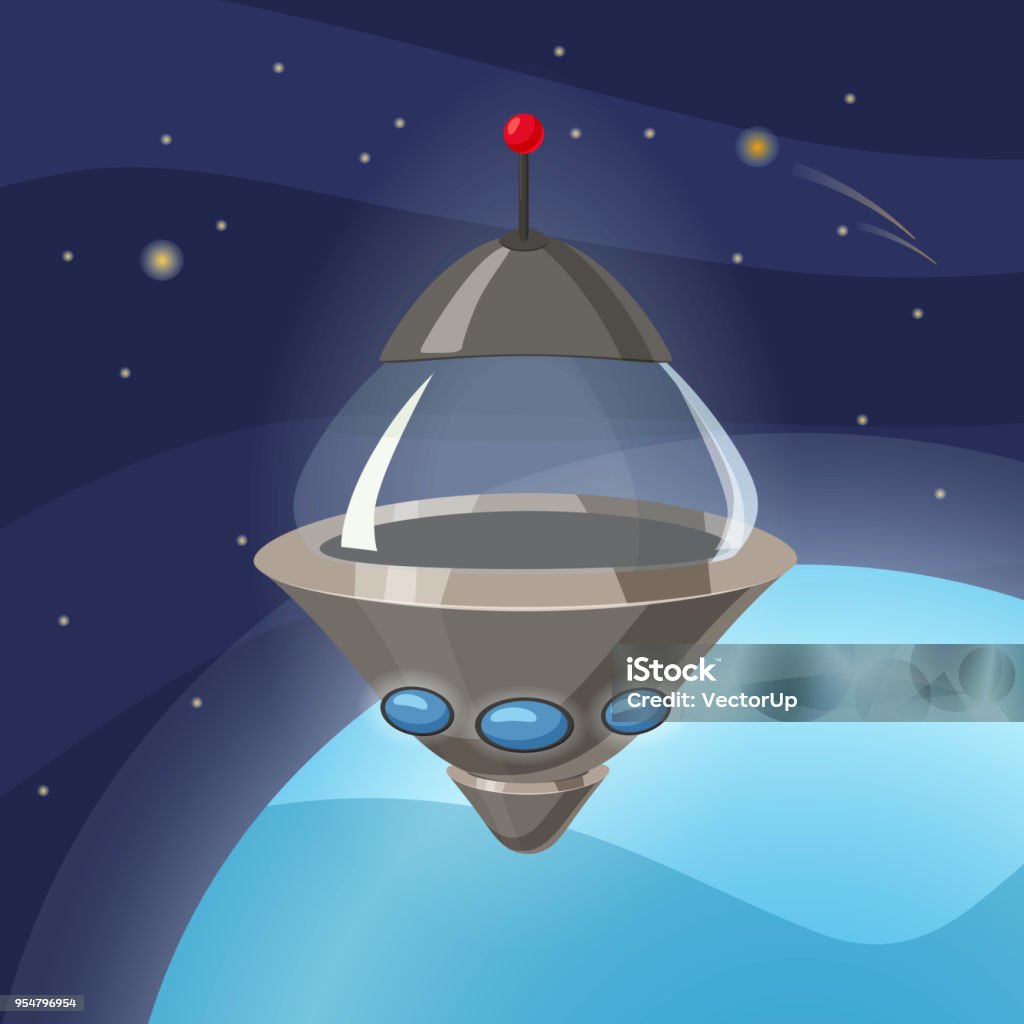UFO Raumschiff, Cartoon-Stil, Hintergrund Weltraum Planet, isoliert, Vektor, Abbildung - Lizenzfrei Außerirdischer Vektorgrafik