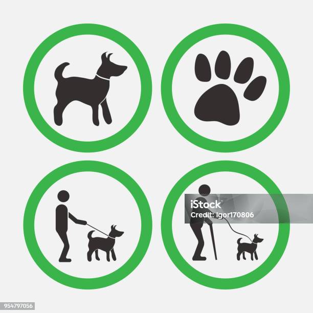 Dog Friendly Signs Walks With Dogs Man Helper Stock Illustration - Download Image Now - Service, Animal, Icon Symbol