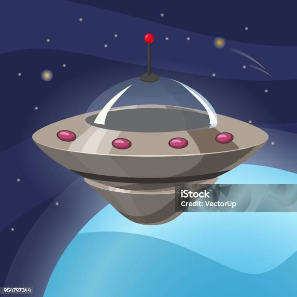 Ufo Raumschiff Cartoonstil Hintergrund Weltraum Planet Isoliert Vektor Abbildung Stock Vektor Art und mehr Bilder von Außerirdischer