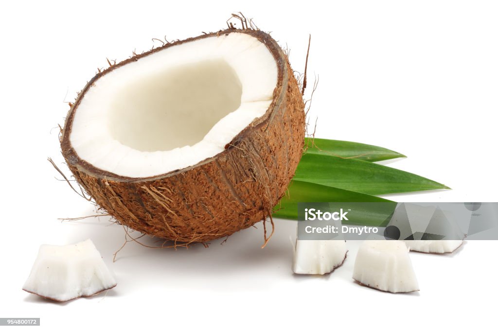 Coconut with green leaves isolated on white background Coconut Stock Photo