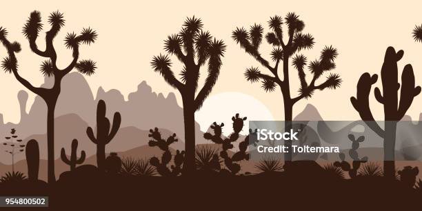 Joshua Ağaçlar Opuntia Ve Saguaro Ile Seamless Modeli Çöl Stok Vektör Sanatı & Joshua Ağacı‘nin Daha Fazla Görseli