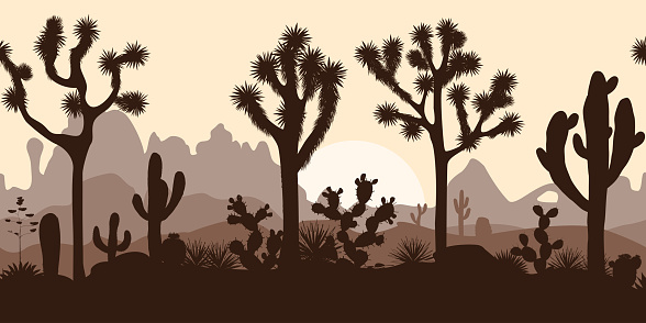 Desert seamless pattern with silhouettes of joshua trees, opuntia, and saguaro cacti. Mountains background.