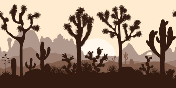 Desert seamless pattern with joshua trees, opuntia, and saguaro Desert seamless pattern with silhouettes of joshua trees, opuntia, and saguaro cacti. Mountains background. prickly pear cactus stock illustrations