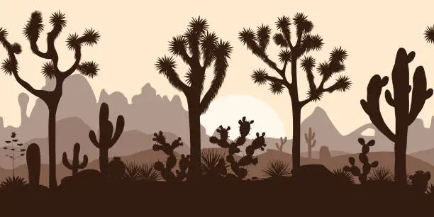 Vector illustration of Desert seamless pattern with joshua trees, opuntia, and saguaro