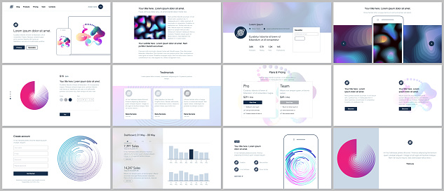 Vector templates for website design, minimal presentations, portfolio with geometric patterns, gradients, fluid shapes. UI, UX, GUI. Design of headers, dashboard, contact forms, features page, blog