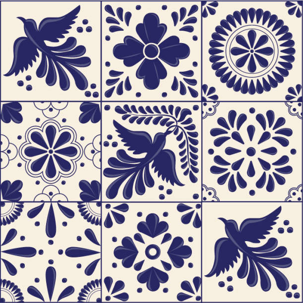 ilustraciones, imágenes clip art, dibujos animados e iconos de stock de talavera, azulejos mexicanos composición - espacio de copia - pájaro azulejo