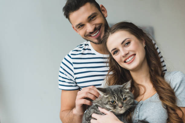 istock smiling young couple holding cat in hands and looking at camera 954805180