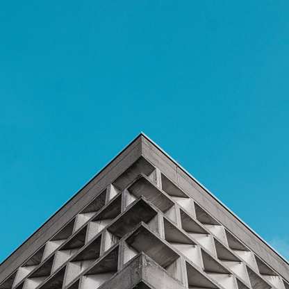 Symmetrical image of brutalist building in Cologne, Germany.