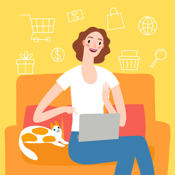 ilustrações de stock, clip art, desenhos animados e ícones de woman on sofa shopping on-line. - food smiling human eye facial expression