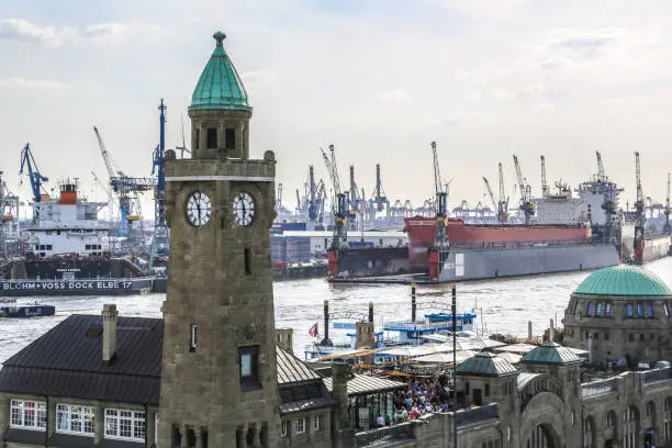 The Port of Hamburg with jetties and harbour cranes