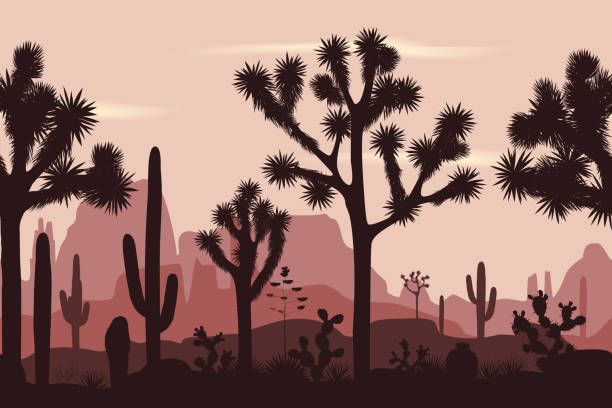 joshua ağaçlar, opuntia ve saguaro ile seamless modeli çöl - joshua stock illustrations