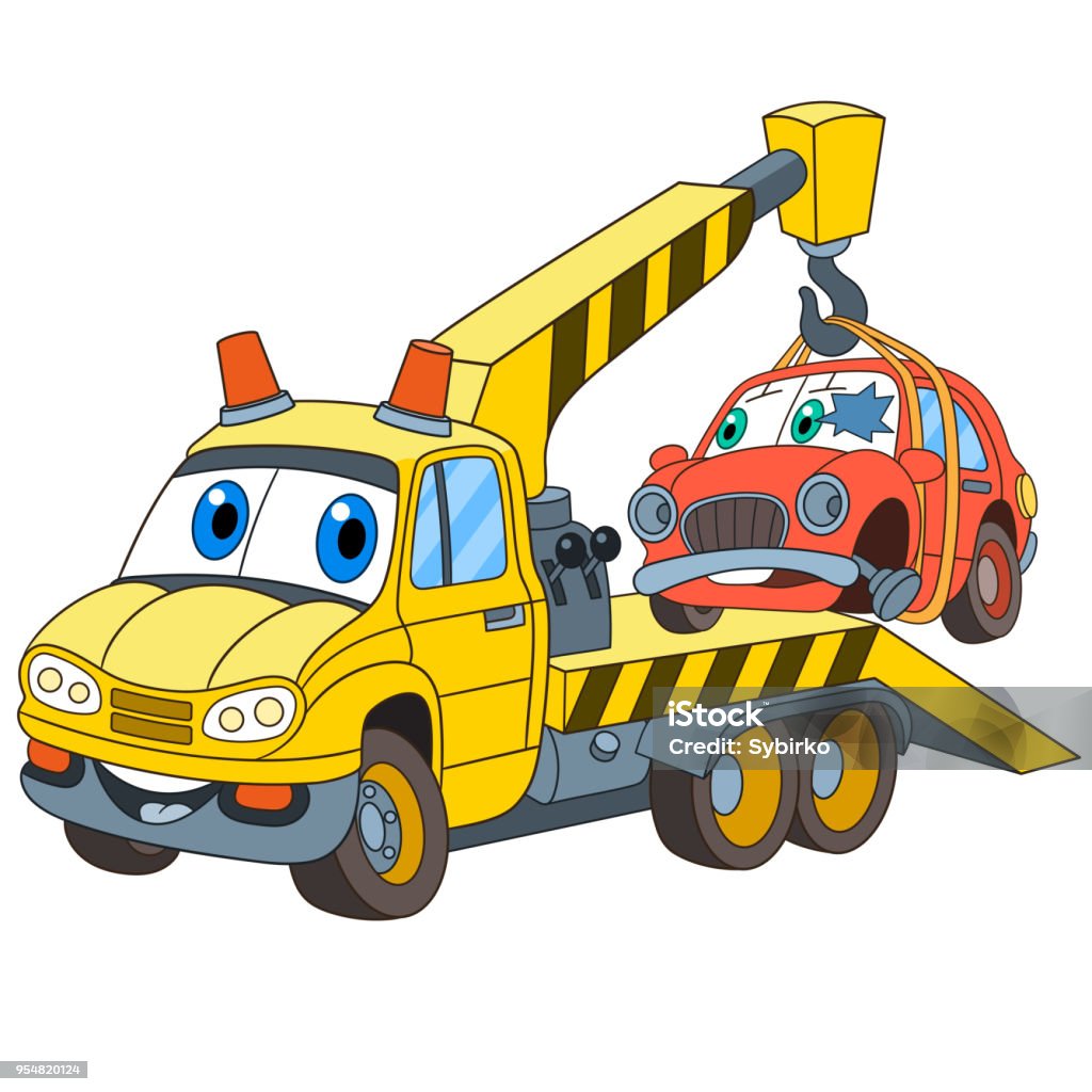 Cartoon Tow Truck With A Broken Car Stock Illustration - Download Image Now  - Tow Truck, Humor, Cartoon - iStock