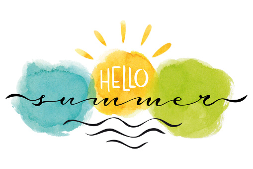 Vectorized hello summer lettering with multicolored watercolor round spots in the background.