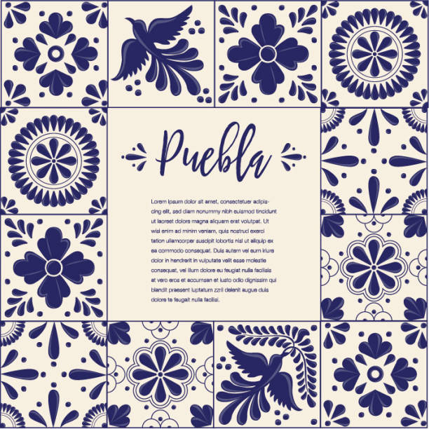 illustrations, cliparts, dessins animés et icônes de tuile de la talavera de puebla, composition de méxico - copier espace - culture mexicaine