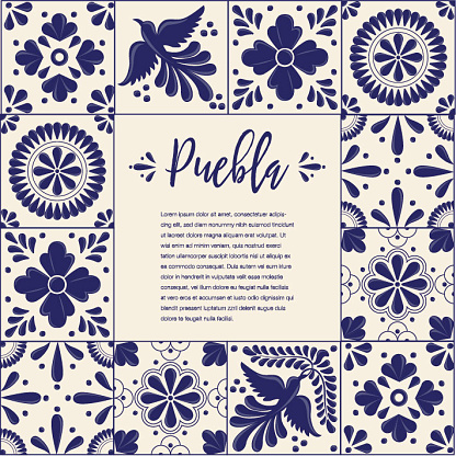 Mexican Traditional Talavera Style Tiles from Puebla; México – Copy Space Floral Composition with Birds