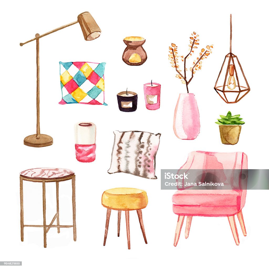 Watercolor home interior decor illustration set Hand-painted high definition illustration on a white background Watercolor Painting stock illustration