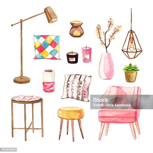Watercolor Home Interior Decor Illustration Set Stock Illustration - Download Image Now - Watercolor Painting, Electric Lamp, Table