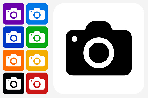 Camera Icon Square Button Set. The icon is in black on a white square with rounded corners. The are eight alternative button options on the left in purple, blue, navy, green, orange, yellow, black and red colors. The icon is in white against these vibrant backgrounds. The illustration is flat and will work well both online and in print.