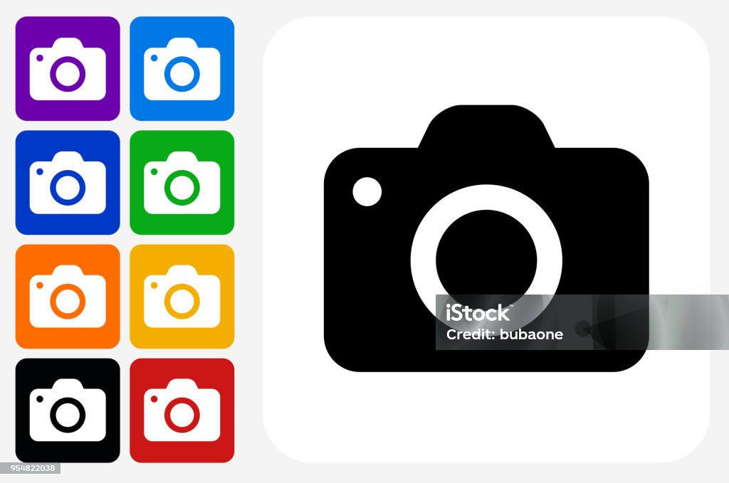 Camera Icon Square Button Set Camera Icon Square Button Set. The icon is in black on a white square with rounded corners. The are eight alternative button options on the left in purple, blue, navy, green, orange, yellow, black and red colors. The icon is in white against these vibrant backgrounds. The illustration is flat and will work well both online and in print. Camera - Photographic Equipment stock vector