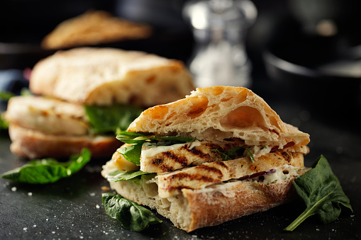 Home made freshness grilled chicken with garlic mayo and spinach ciabatta sandwich