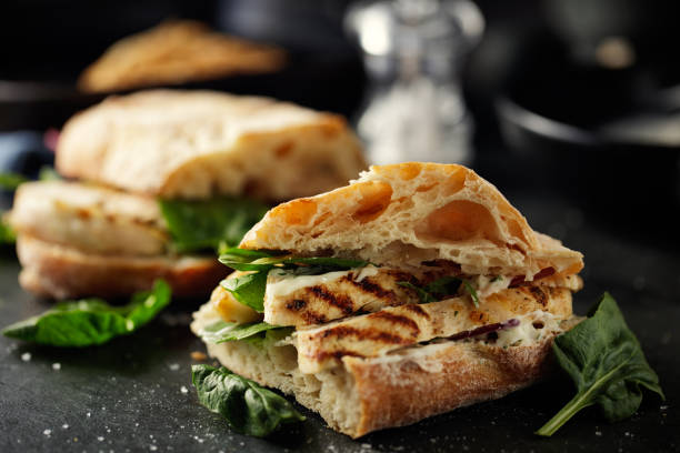 Grilled chicken ciabetta  sandwich Home made freshness grilled chicken with garlic mayo and spinach ciabatta sandwich ciabatta stock pictures, royalty-free photos & images