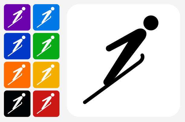 Ski Jump Icon Square Button Set Ski Jump Icon Square Button Set. The icon is in black on a white square with rounded corners. The are eight alternative button options on the left in purple, blue, navy, green, orange, yellow, black and red colors. The icon is in white against these vibrant backgrounds. The illustration is flat and will work well both online and in print. ski jump stock illustrations