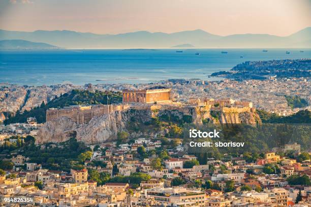 Aerial View On Athens Greece Stock Photo - Download Image Now - Athens - Greece, Parthenon - Athens, Sea