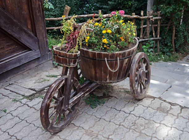 istock Decorative wooden bicycle with flower-bed 954834656