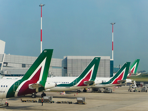 Fiumicino, Rome - April 2018: Alitalia Airline Airplanes parked at Leonardo da Vinci Airport