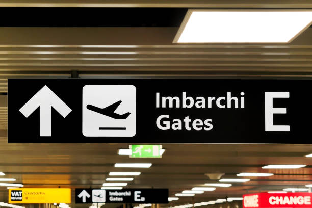 istock Sign arrow direction at airport indicating Imbarchi (translation Gates) 954835600