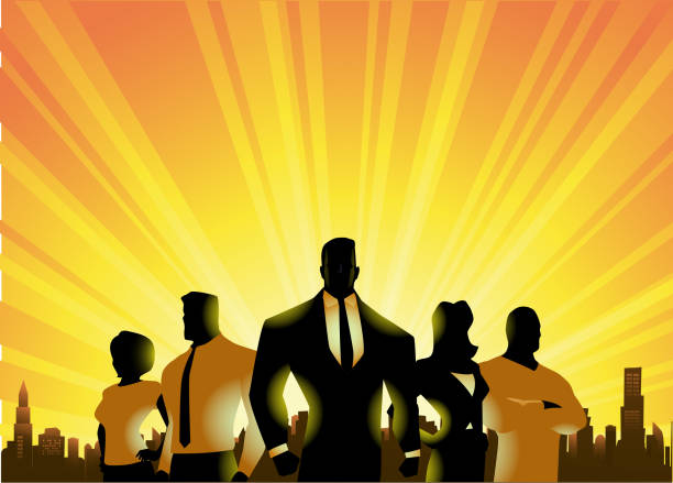 Vector Businessmen Silhouette in The City A silhouette style illustration of a team of business people with city skyline and sunrise in the background. Wide space available for your copy. courage illustrations stock illustrations