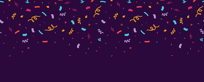Colorful confetti horizontal seamless border. Great for a birthday party or an event celebration invitation or decor. Surface pattern design.