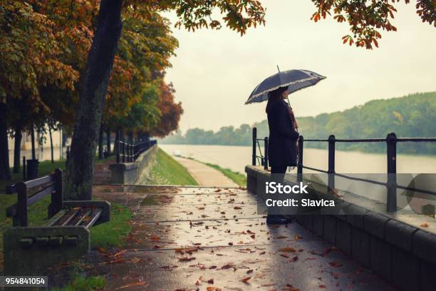 Woman Standing On The Rain Stock Photo - Download Image Now - Autumn, Rain, Women