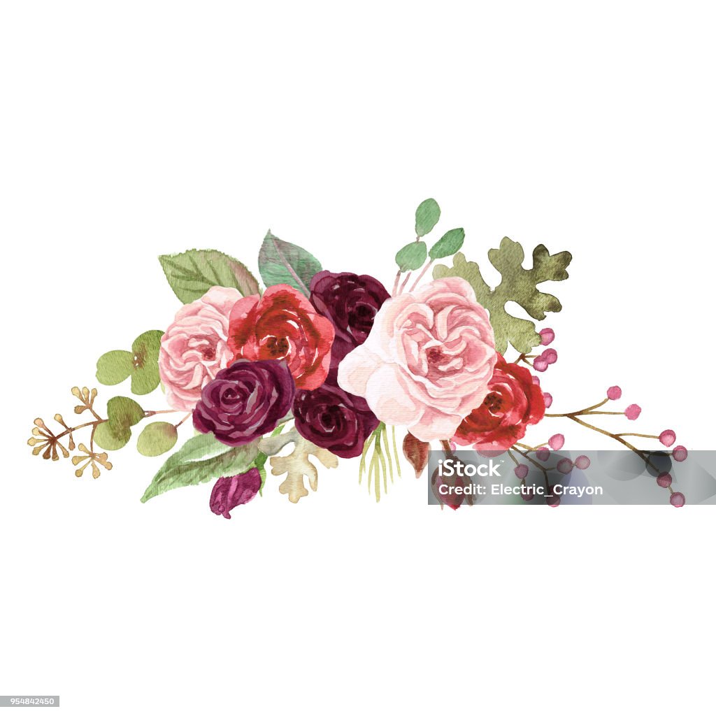 Watercolor Marsala Roses Watercolor floral bouquet painting with marsala roses and foliage Flower stock illustration