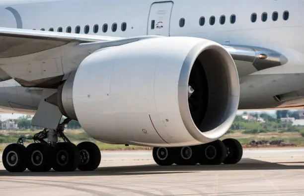 Boeing 777 Passenger Airplane Jet Engine and Landing Gear