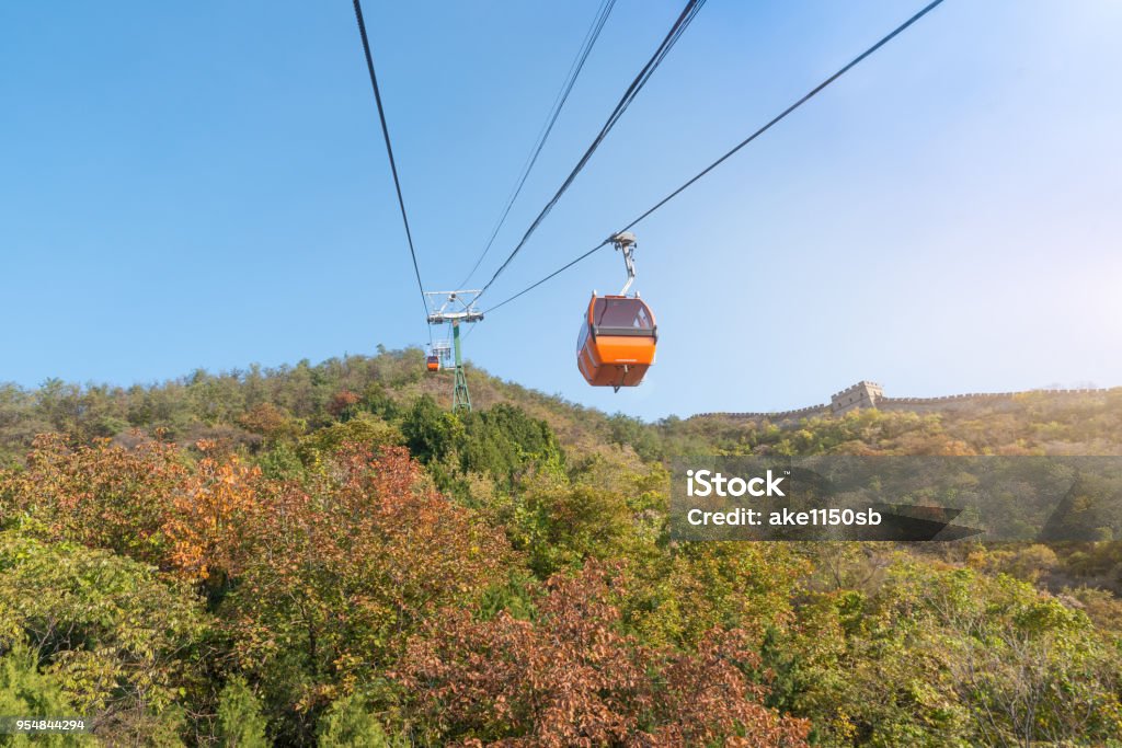 Cable car taking visitors up to the Mutianyu section of the Great Wall of China located in Huairou Country northeast of Central Beijing. Ancient Stock Photo