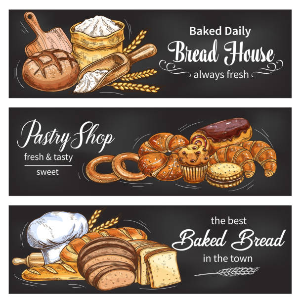 Bread and bun banner for bakery shop template Bread blackboard banner set for bakery and pastry shop template. Fresh bread, baguette and croissant, bun, cupcake and cake, cookie, bagel and sweet roll chalk sketch with wheat flour and baker hat baked pastry item stock illustrations