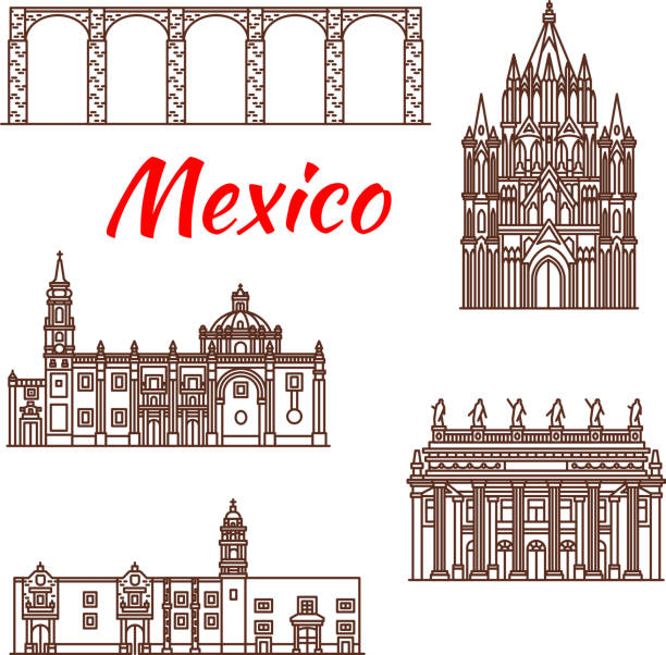 ilustraciones, imágenes clip art, dibujos animados e iconos de stock de arquitectura mexicana de viajes icono lineal de la señal - roman aqueduct