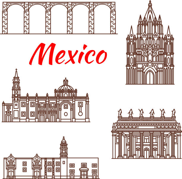 멕시코 건축 여행 랜드마크 선형 아이콘 - queretaro city stock illustrations