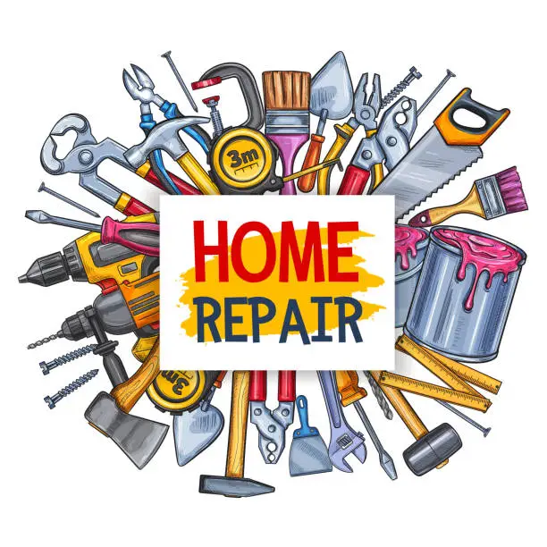 Vector illustration of Home repair tool poster for conctruction design